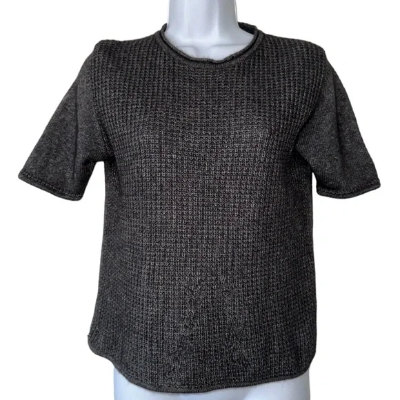 Pearls & Cashmere Women’s Textured Charcoal Grey Silk Cashmere Tee- Size Large - Picture 1 of 8